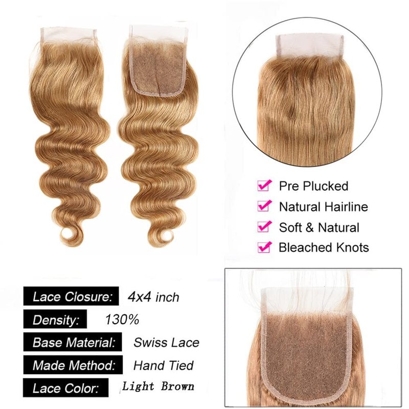 4X4 Honey Blonde 27# Closure Pre Plucked Closure Hd Transparent Lace With Baby Hair Brazilian Virgin Hair Body Wave 14 Inch Next Day Delivery