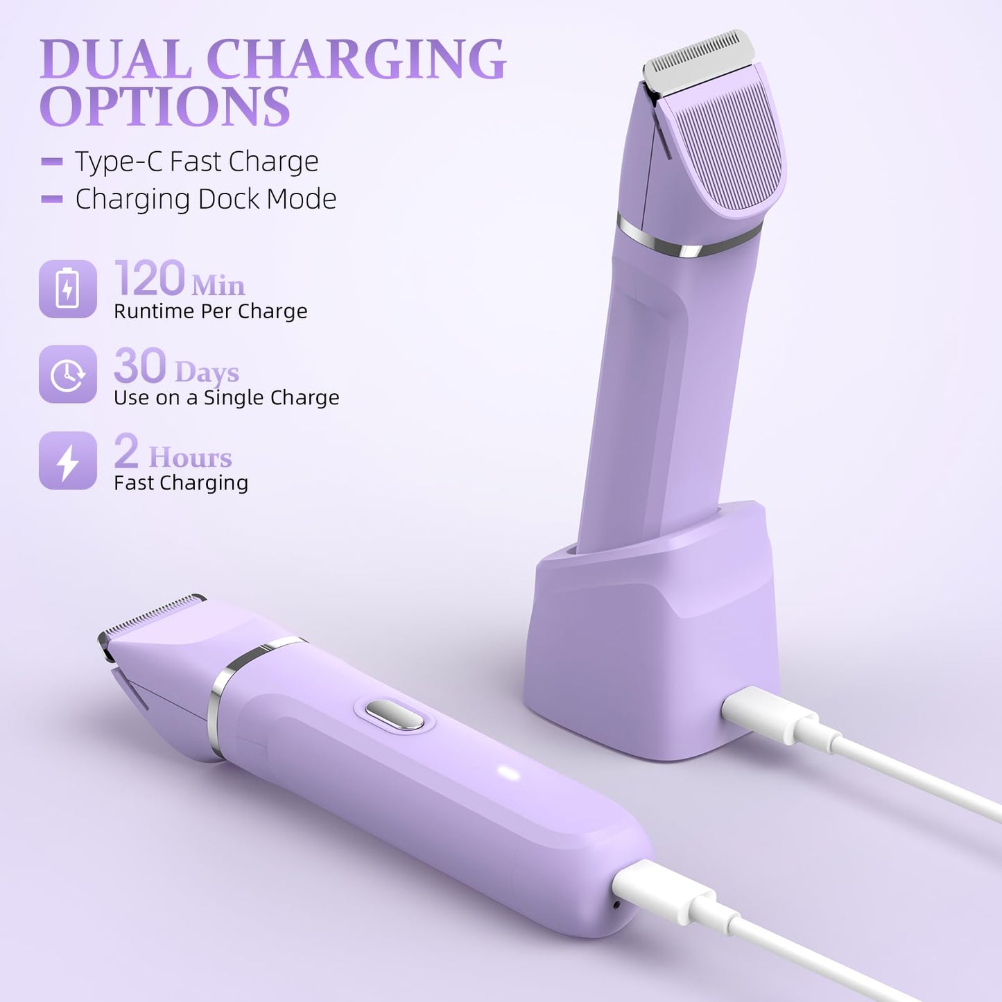 HOHOLE 5-in-1 Bikini Trimmer for Women, IPX7 Waterproof Electric Razors Shaver, Cordless Body Hair Trimmer, Facial & Pubic Hair Removal, Ceramic Blade (Purple)