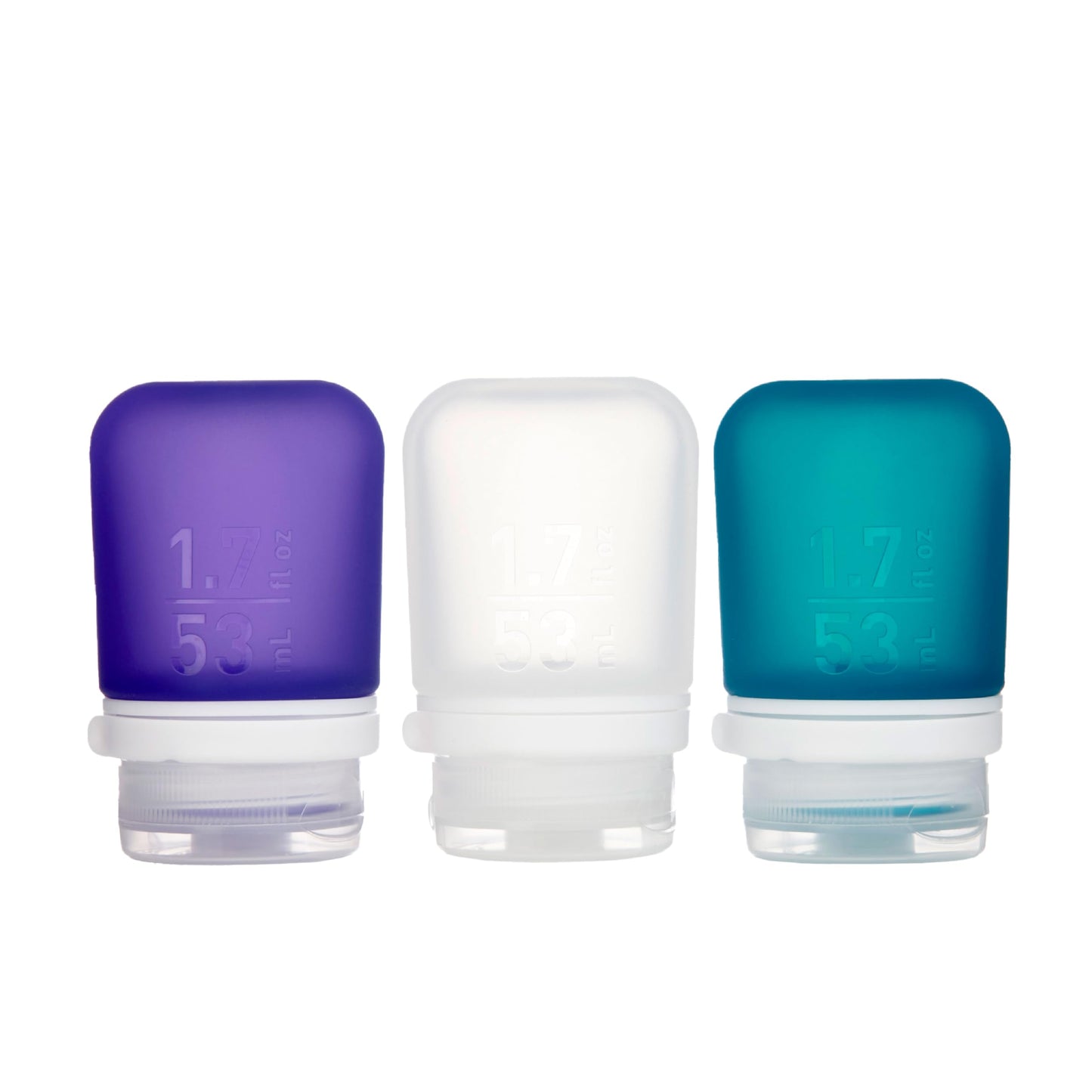 humangear GoToob+ Bottles - Silicone Leak-Proof Travel Tubes for Toiletries, Camping & TSA Carry-On (3-Pack), Small (1.7 fl oz; 53ml), Clear/Purple/Teal