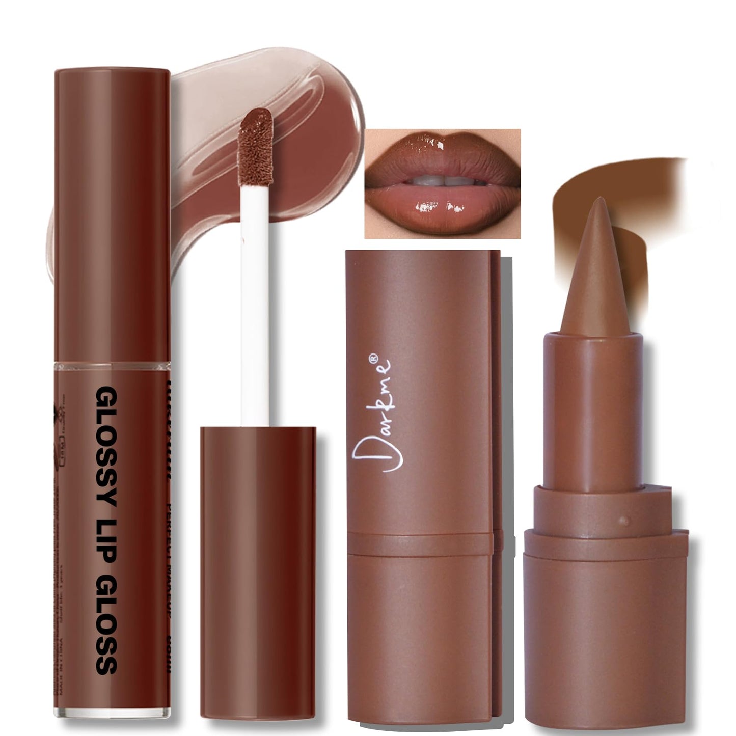 HOSAILY Lip Liner Gloss Set, Light Brown Plumping Lip Liner Lip Pencil Moisturizing Lightweight Lip Gloss Lip Combo, High Shine Glossy Lip Tint Lip Stain Makeup Long Lasting Lip Contour for Women