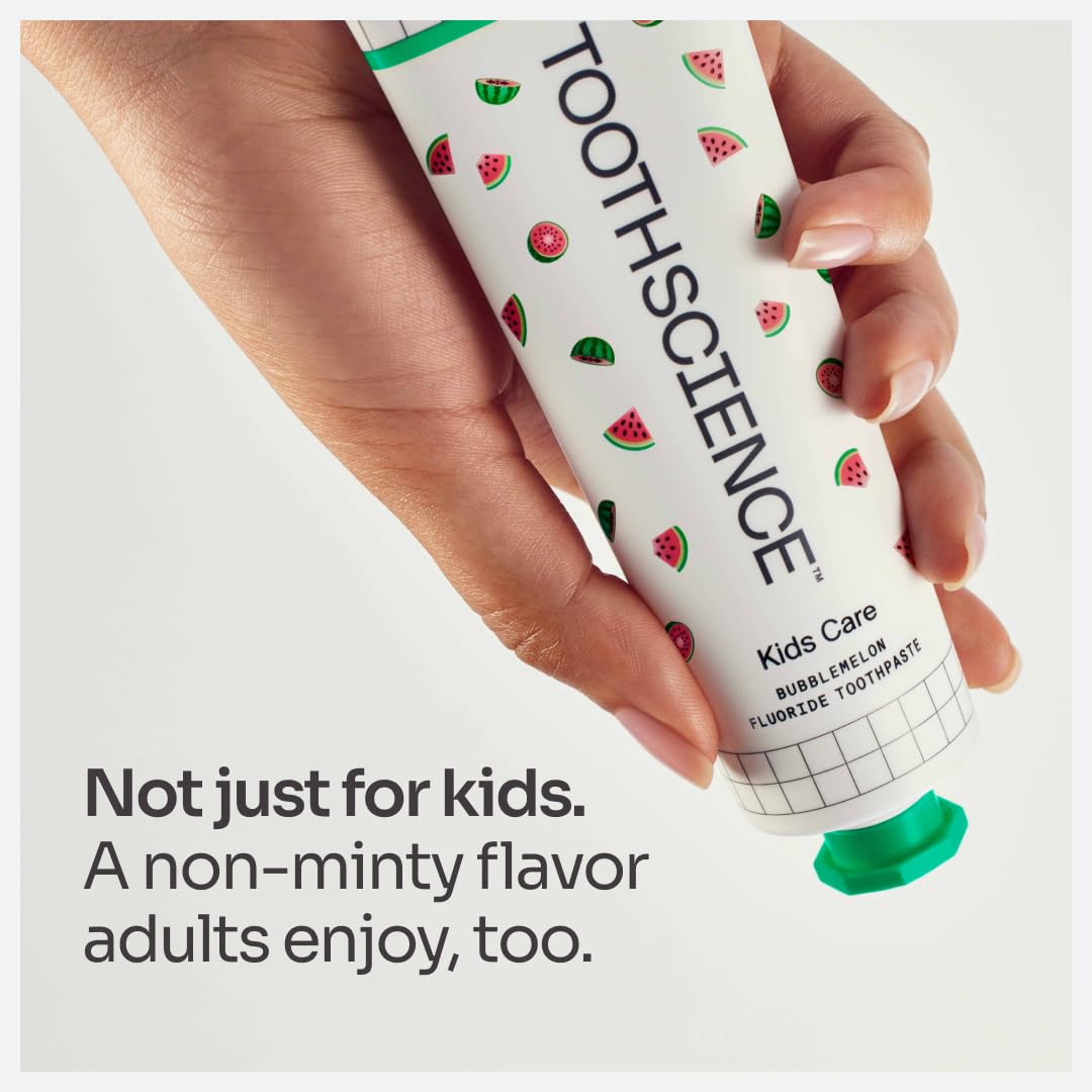 ToothScience Kids Care Toothpaste – 4-in-1 Fluoride Toothpaste for Kids, Naturally Flavored Bubblemelon, Free of Dyes, Alcohol & SLS/SLES (3.4 oz)