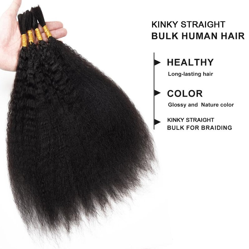 Kinky Straight Human Braiding Hair No Weft 100g (1Pack-4PCS) Yaki Straight Bulk Human Hair For Bohe Braids Micro Braiding Hair For Boho Braids (Kinky Straight（Natural Black）, 14 Inch)