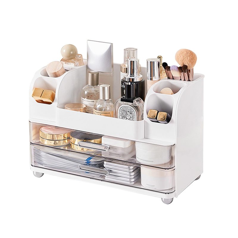 DASITON Large Capacity Makeup Organizer for Vanity with 2 Drawers, Skincare Organizers with Makeup Brush Holder, Cosmetic Display Case for Dresser Vanity Bathroom Countertop (White)