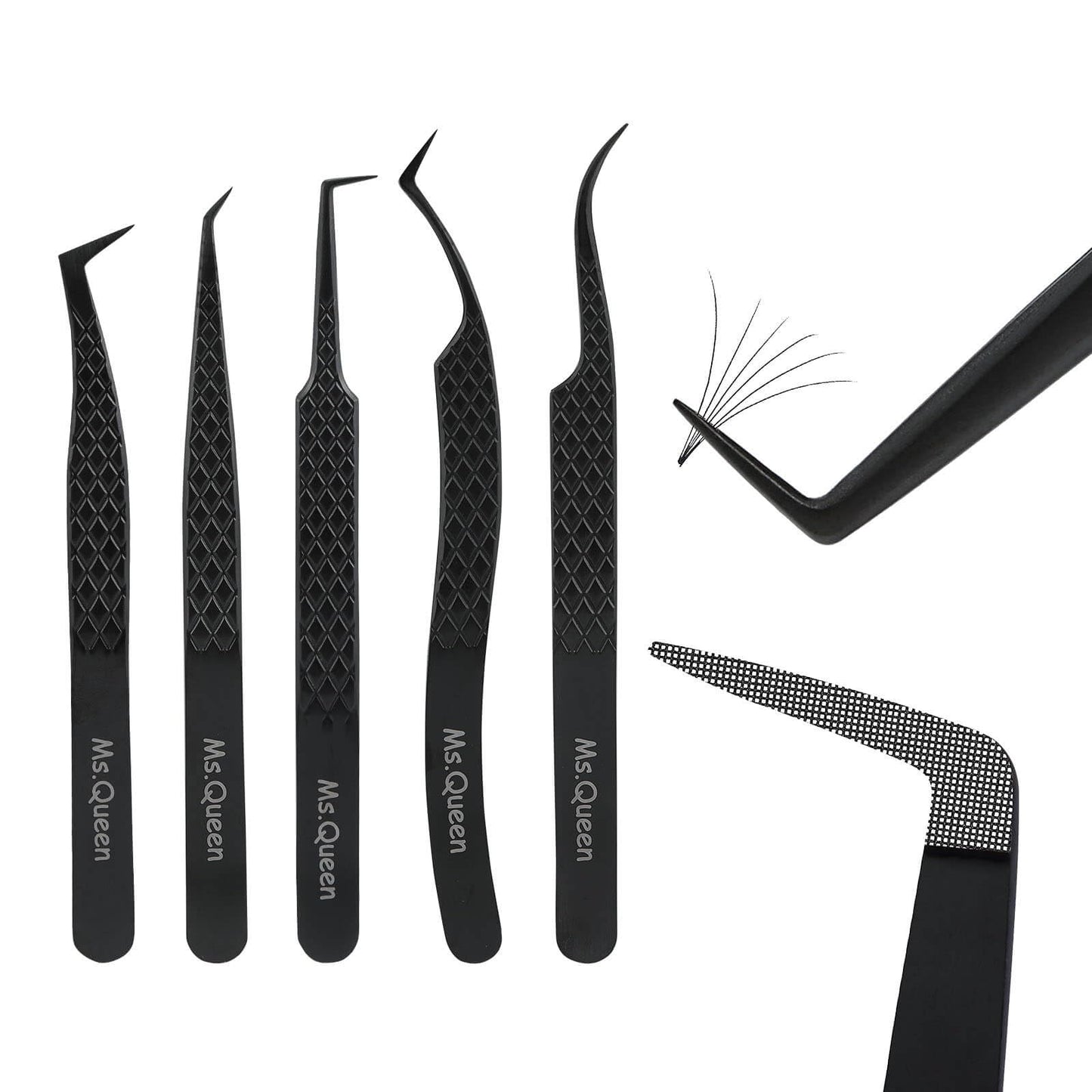 Ms.Queen Lash Tweezers for Eyelash Extensions,Set of 5,Fiber Tip Curved 45 90 Degree and L-Shape Boot Lash Tweezers for Mega Volume & Classic Lashes,Black