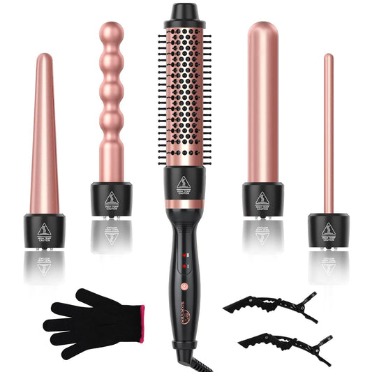 5 in 1 Curling Wand Set - Thermal Brush and 4 Ceramic Hair Crimper