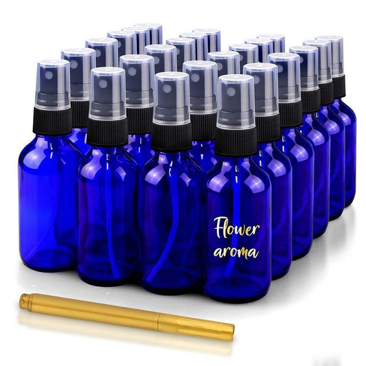 CULINAIRE 2oz Glass Spray Bottles for Essential Oils with Gold Pen Marker, Small Fine Mist Spray Bottle, Refillable, for Hair Spray, Essential Oils, Colognes, and Hand Sanitizers, Blue, Pack of 24