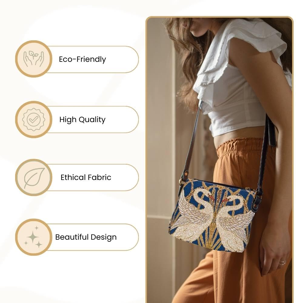 Signare Tapestry Crossbody Bag Shoulder Purse for Women In Walter Crane Swan Design (XB02-ART-WC-SWAN)