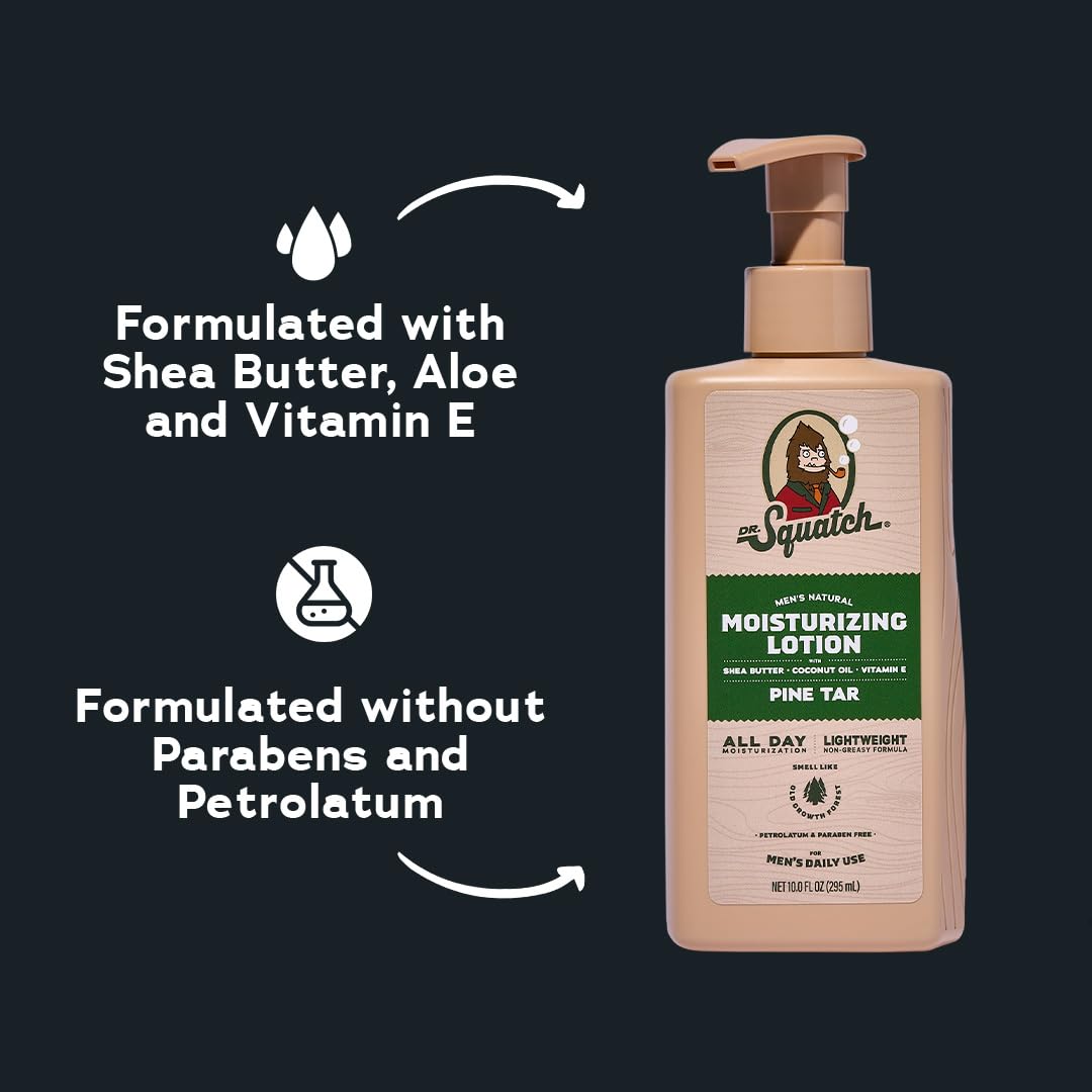Dr. Squatch Natural Hand and Body Lotion for Men - Made with Shea Butter, Coconut Oil, Vitamin E for 24-Hr Moisturization - Pine Tar (10 fl oz, 2-Pack)