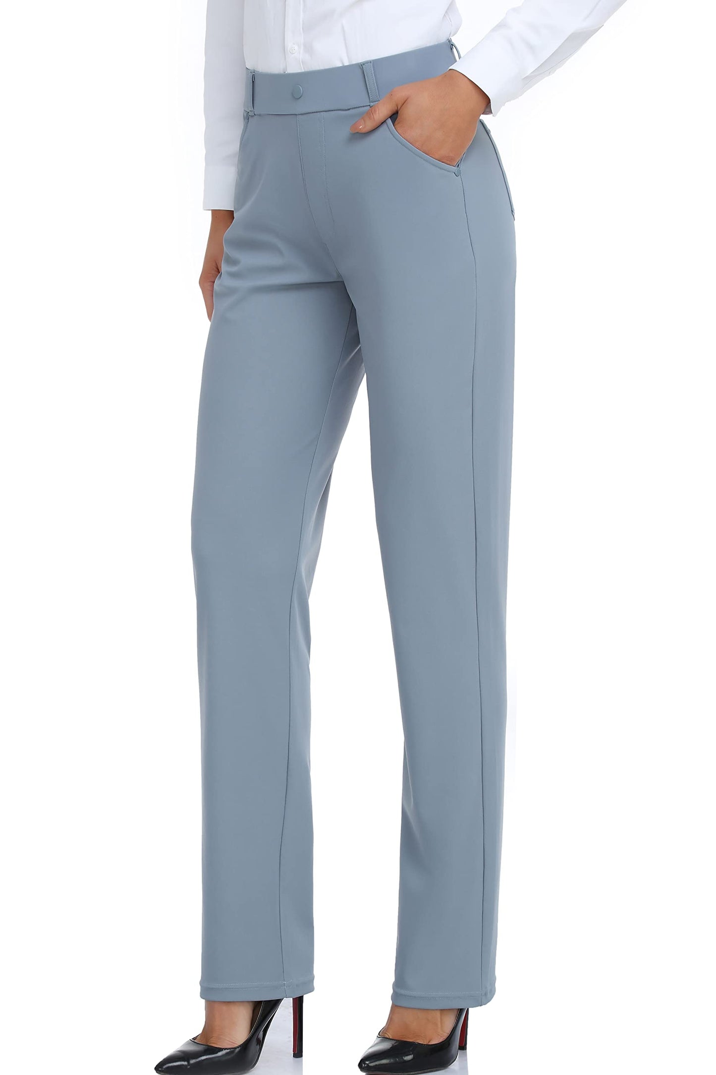 Oalka Women's Dress Pants Straight Leg Yoga Work Stretchy Pant for Office Business Denim Blue Long L