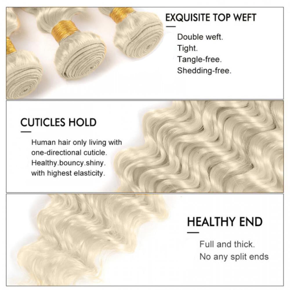 Platinum Blonde Deep Wave Human Hair Bundles - 16, 18, 20 Inch | Unprocessed Brazilian Virgin Hair