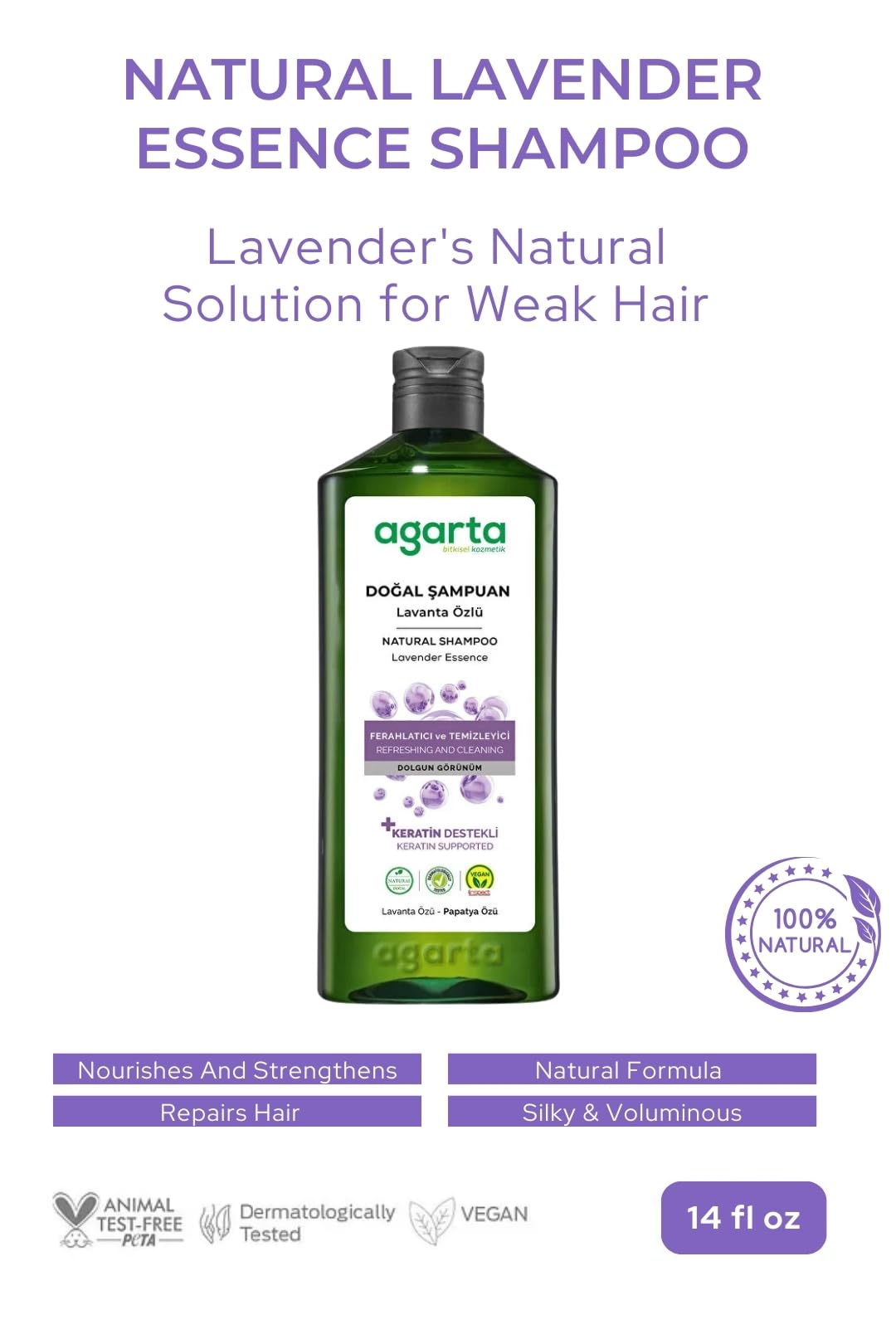 Agarta Lavender Shampoo – Botanical Hair Care Shampoo with Lavender Extract for Softness & Shine, Vegan Clean Formula – 14 fl oz