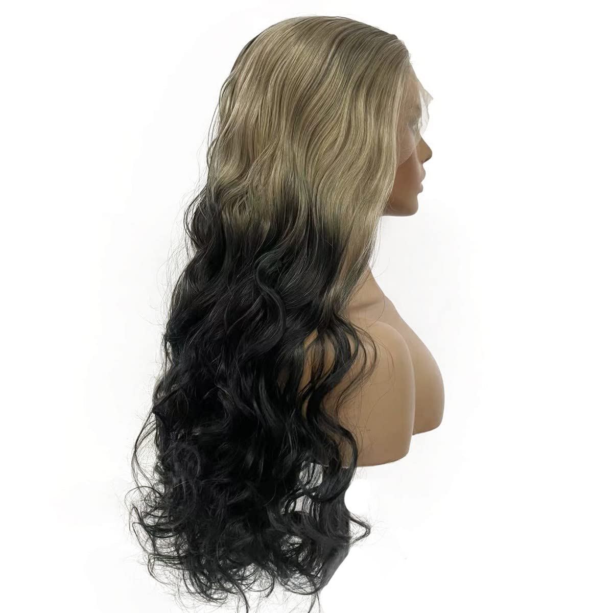 Peakia Long Wavy Blonde Black Ombre Natural Half Hand Tied Synthetic Lace Front Wig