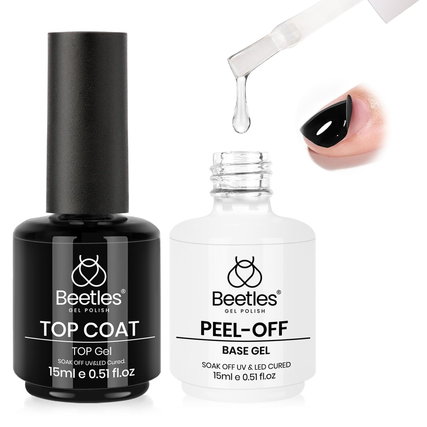 Beetles 2Pcs 15ml Peel Off Base Coat and Top Coat Set, Easy Removal Gel Nail Polish, UV LED Lamp Cured Base, Without Damage for Beginners Weak Thin Nails