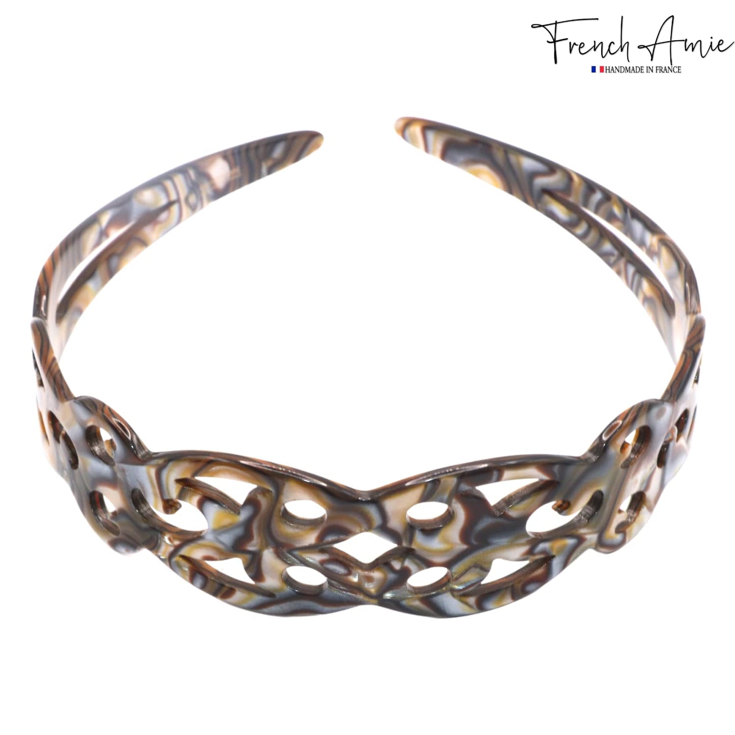 French Amie Filigree Wide 1" Celluloid Acetate Handmade Head bands Fashion Flexible Non Slip Durable Styling Women Hair Accessories, Made in France (Silver Onyx Gray)