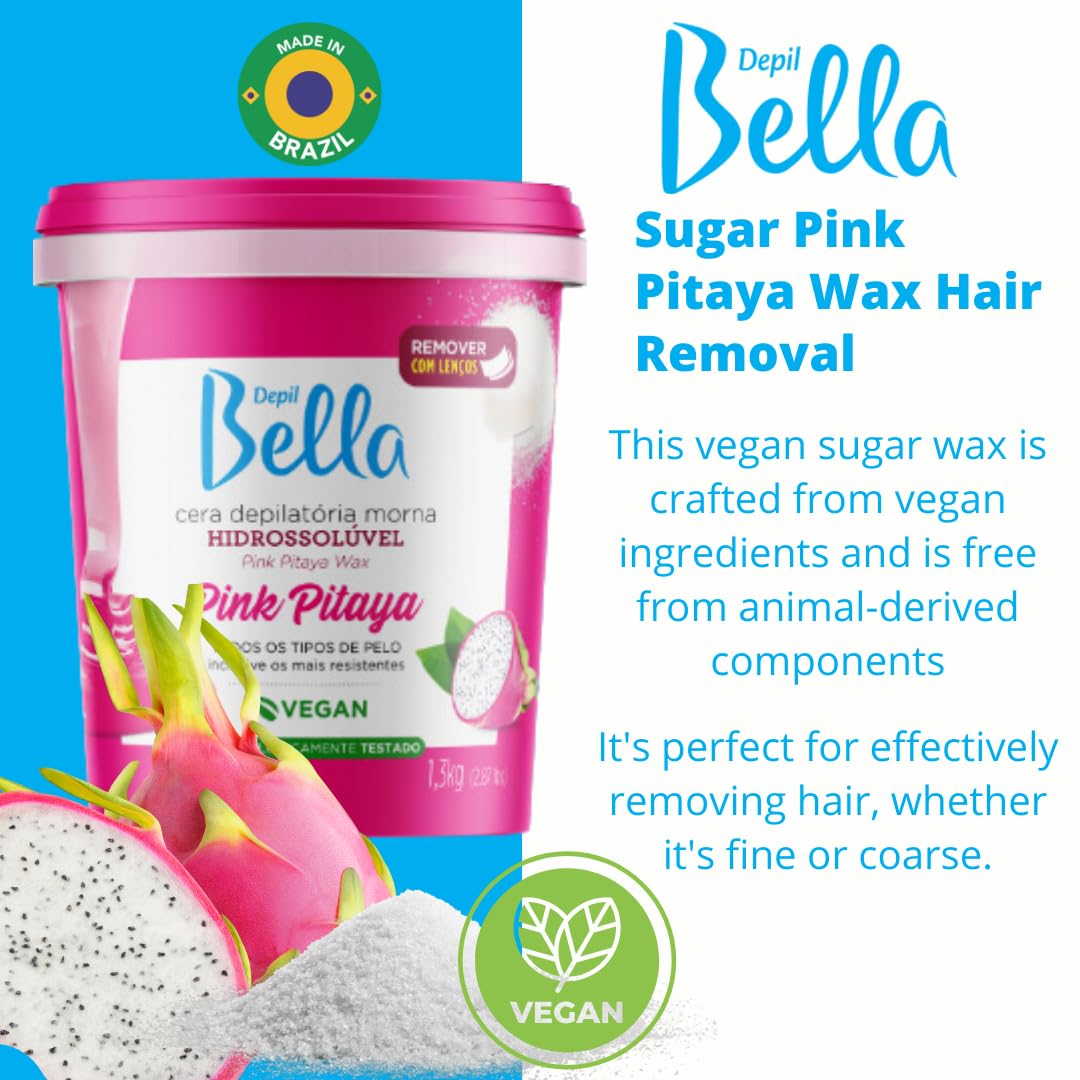 Depil Bella Brazilian Sugar Wax Pink Pitaya – Vegan Sugaring Paste for Hair Removal – Natural, Organic, Washable – Bikini, Brazilian, Legs, Face – All Skin Types, 2.87 lbs