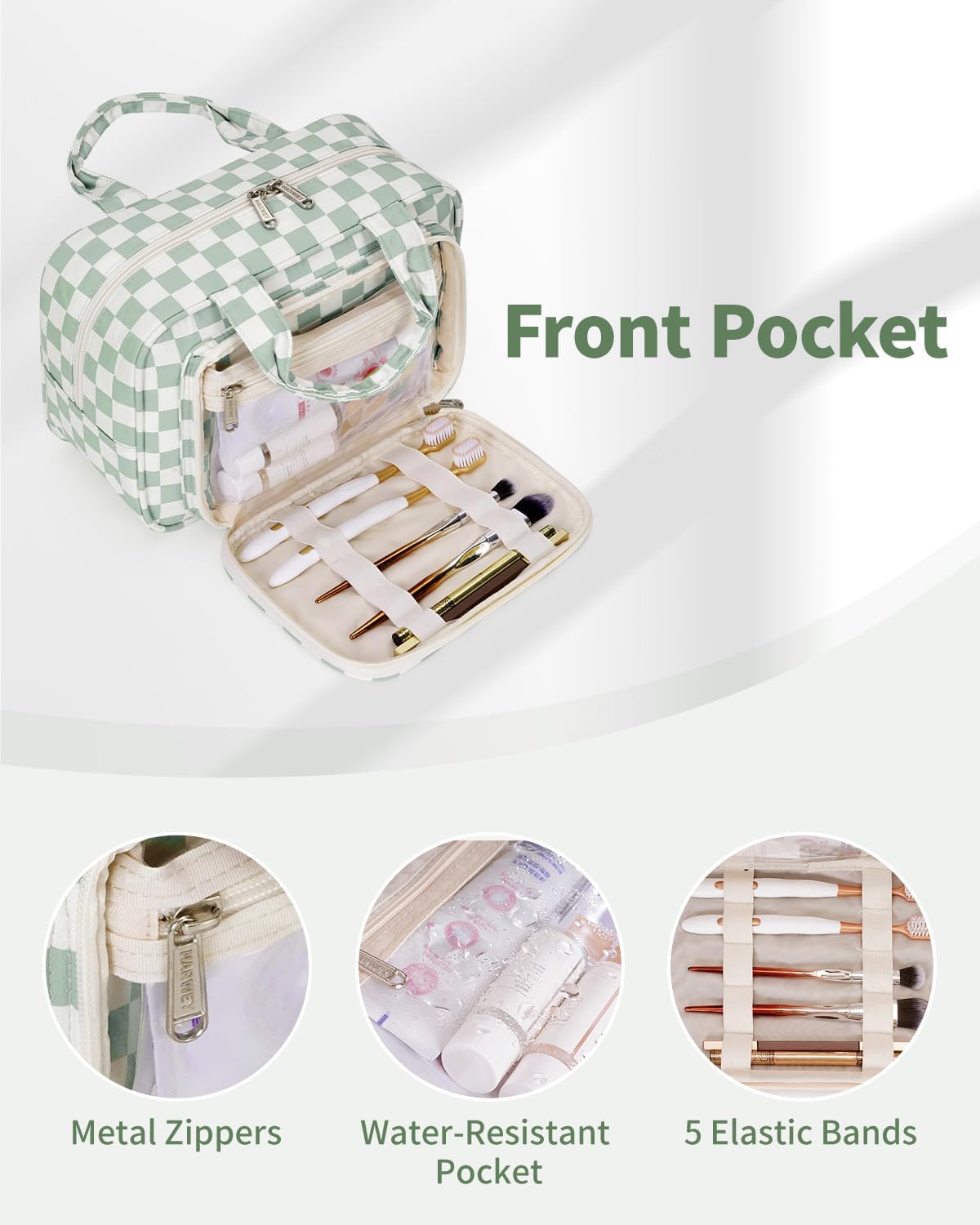 Large Travel Toiletry Bag - Checkered Makeup Organizer for Women | Mint Green