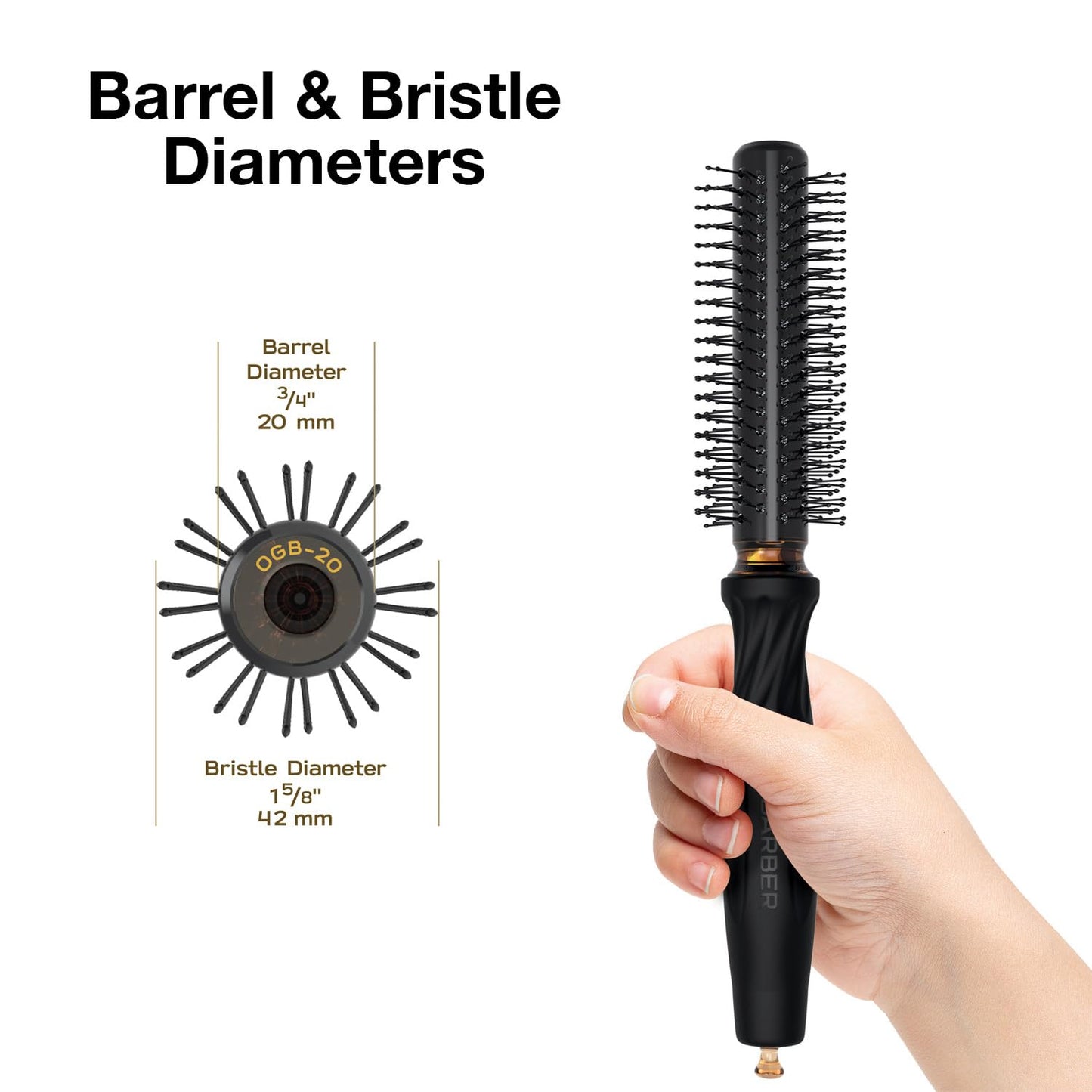 Olivia Garden OG Barber round brush with Ceramic Coated Barrel, quick drying and v-shaped bristles for easy styling on men hair, 3/4 inch