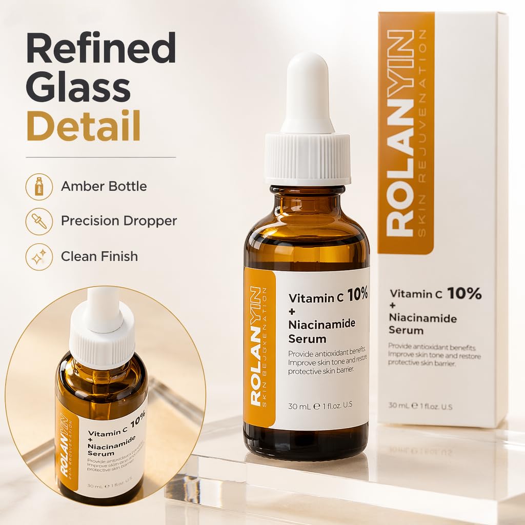 ROLANYIN Vitamin C 10% + Niacinamide Facial Serum Hydration Reducing Fine Lines Wrinkles Skin Firming Anti Aging Formula Boosting Radiance Improving Texture Skin Care