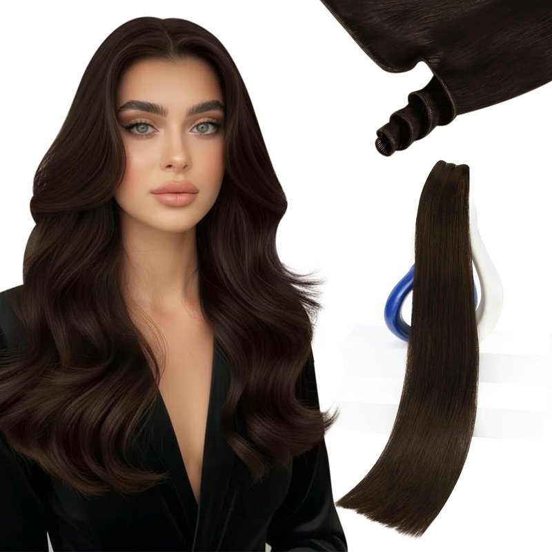 Sunny Hair Genius Weft Hair Extensions Human Hair Darkest Brown Seamless Hand-Tied Bundles Sew in Brown Soft Silky for Women Short Straight for Party 14 Inch 50G