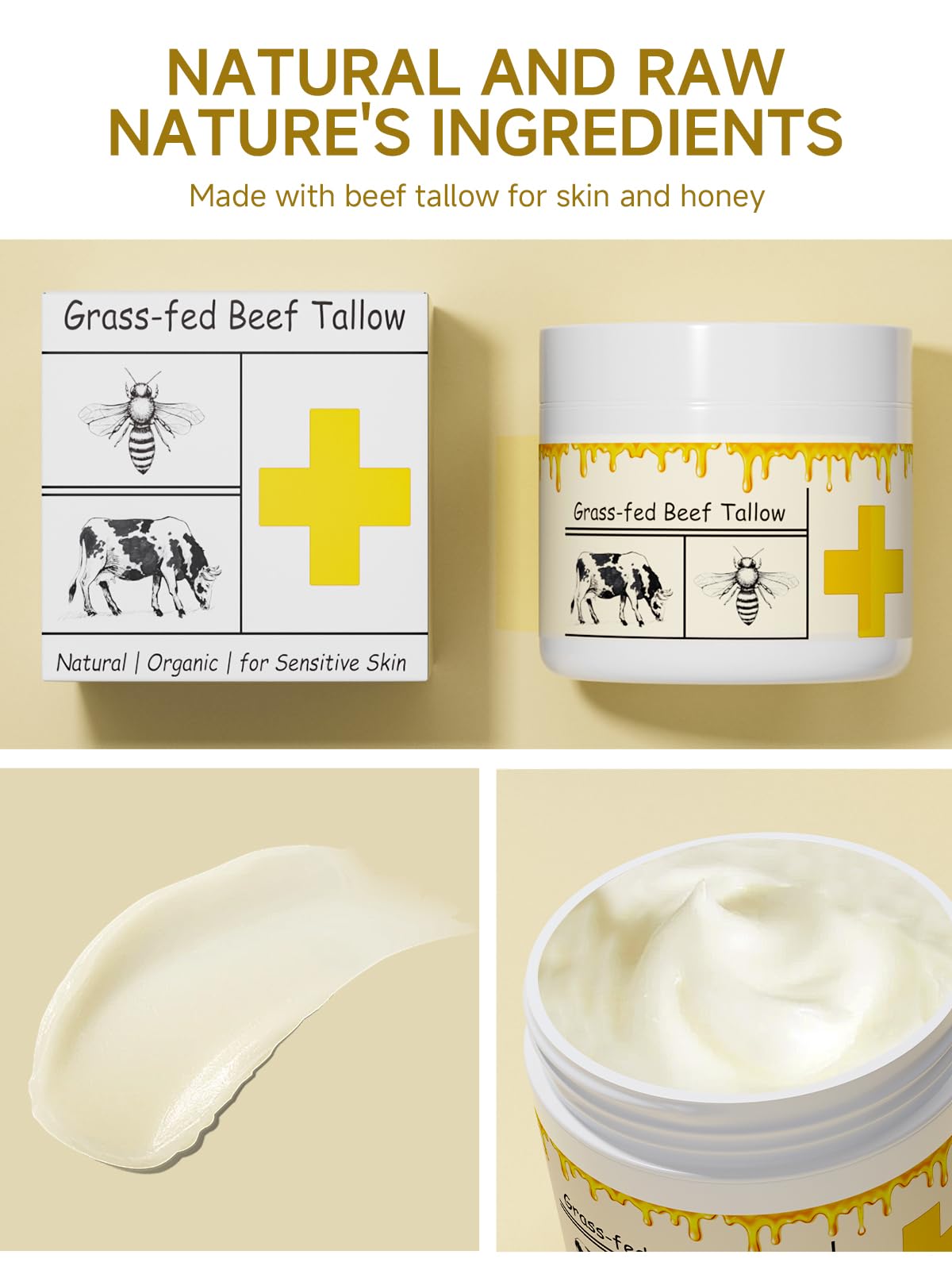 mkzea Beef Tallow for Skin, Beef Tallow, Tallow and Honey Cream, Grass Fed Beef Tallow, Whipped Beef Tallow for Face Moisturizer for All Purpose with Raw Honey Tallow Balm, 2 packs