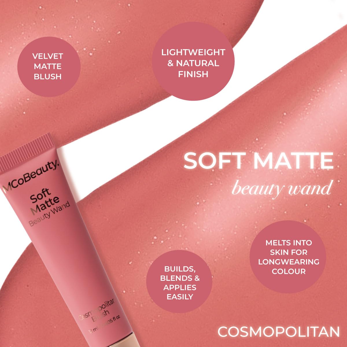 MCoBeauty - Soft Matte Beauty Wand Liquid Blush - Cosmopolitan - Buildable Cream Blush & Cheek Tint with Cushion Applicator - Long-Lasting & Blendable - All Skin Types - Vegan & Cruelty Free Makeup