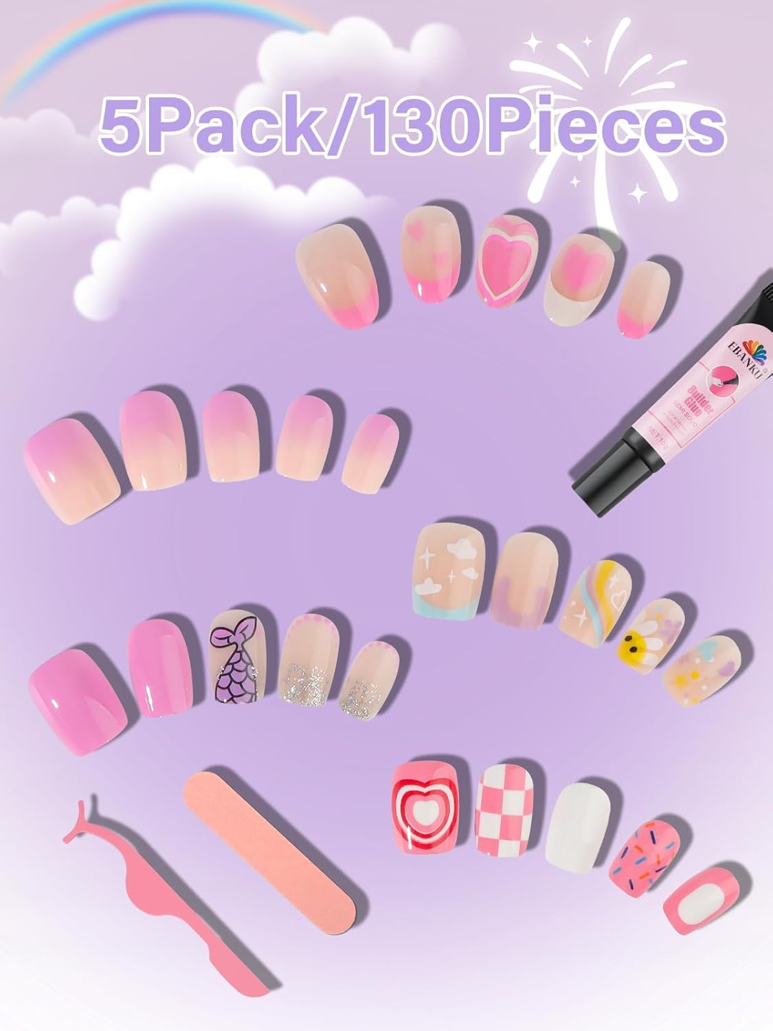 Press On Nails for Kids - Cute Heart & Mermaid Designs | Short Almond Style, 130PCS Set for Ages 8-12 with Adhesive Tabs & Quick-Dry Glue