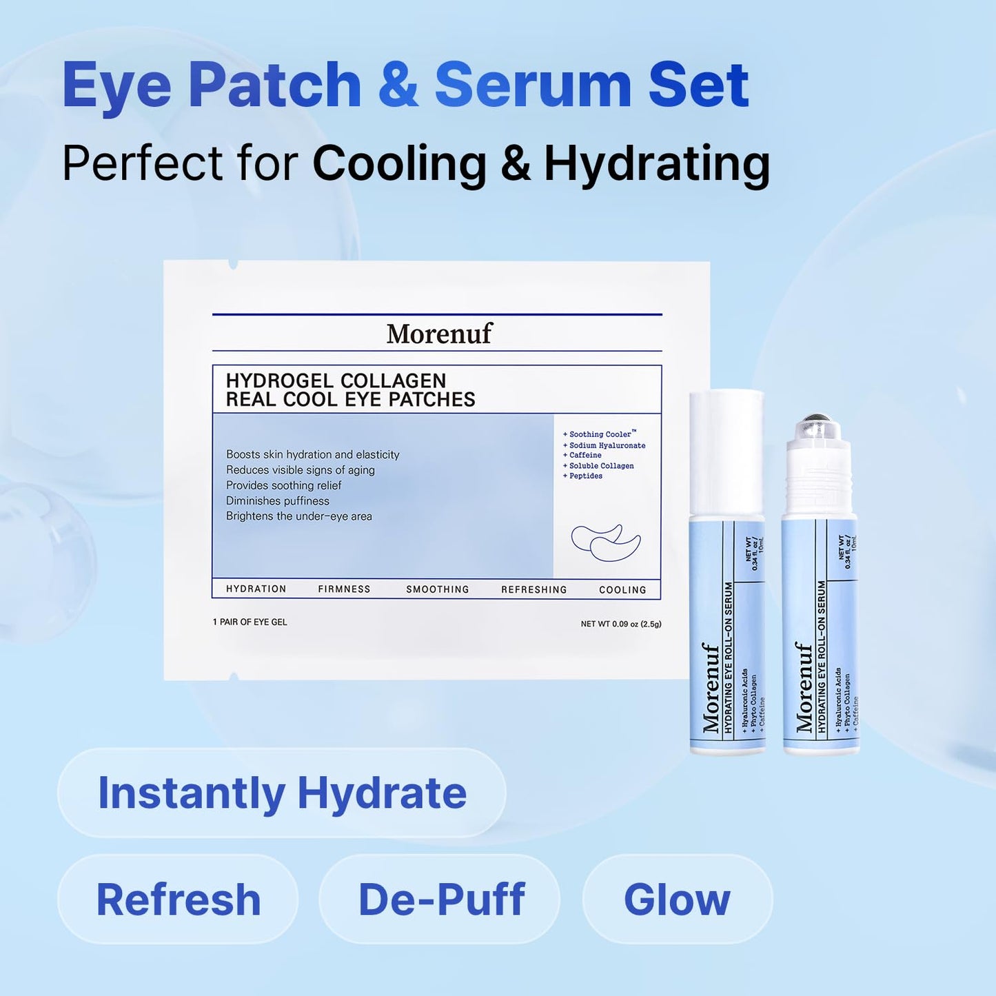MORENUF Hydrogel Collagen Real Cool 6 Pairs of Eye Patches & Hydrating Roll-On Serum Set for Dark Circles and Puffiness - Hyaluronic Acid and Caffeine Eye Serum Korean