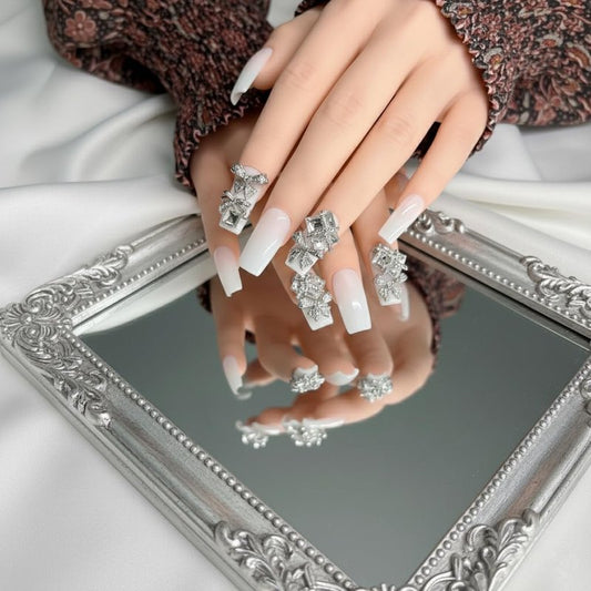 Handmade Square Press on Nails,Ivory White Press Ons,Nails with Crystal Bow Design, 3D Jeweled Decorative Nails for women,m