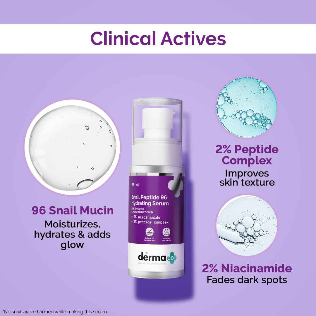 The Derma Co Snail Mucin 96 Hydrating Serum | Gives Up To 24-Hour Moisturization | Helps Enhance Skin Texture | Lightweight & Non-Greasy | 2.71 Fl Oz/80ml