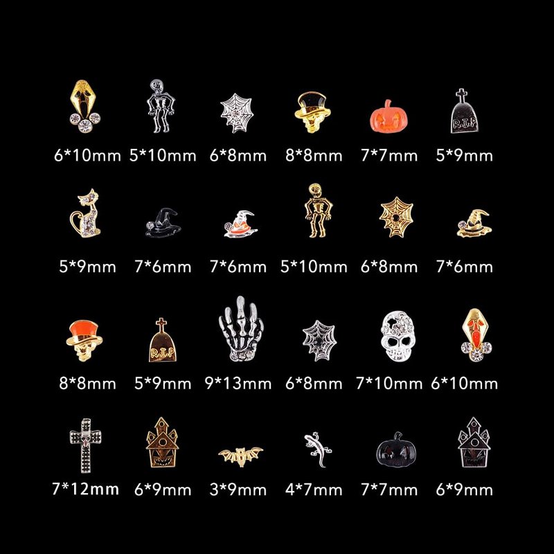 BAIYIYI Halloween Nail Charms - 24 Styles/Box Metallic Nail Studs & Rhinestones DIY Decorations
