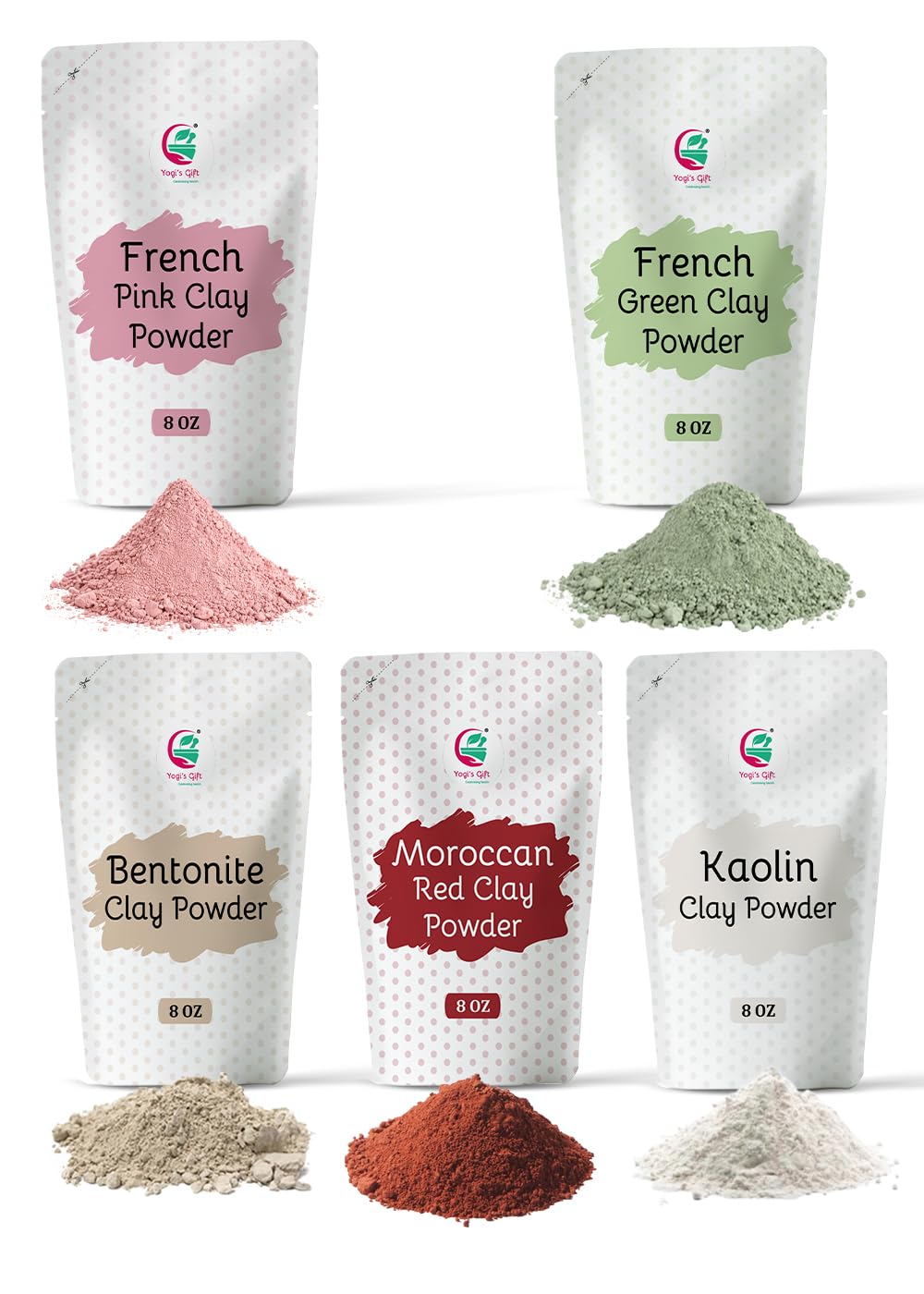 Pack of 5 Clays For Mask Making & Soap Making | Rose Clay, French Green Clay, Kaolin, Moroccan Red and Bentonite Clay | 8oz Each | Best Variety Pack For DIY Projects | By Yogi’s Gift ®