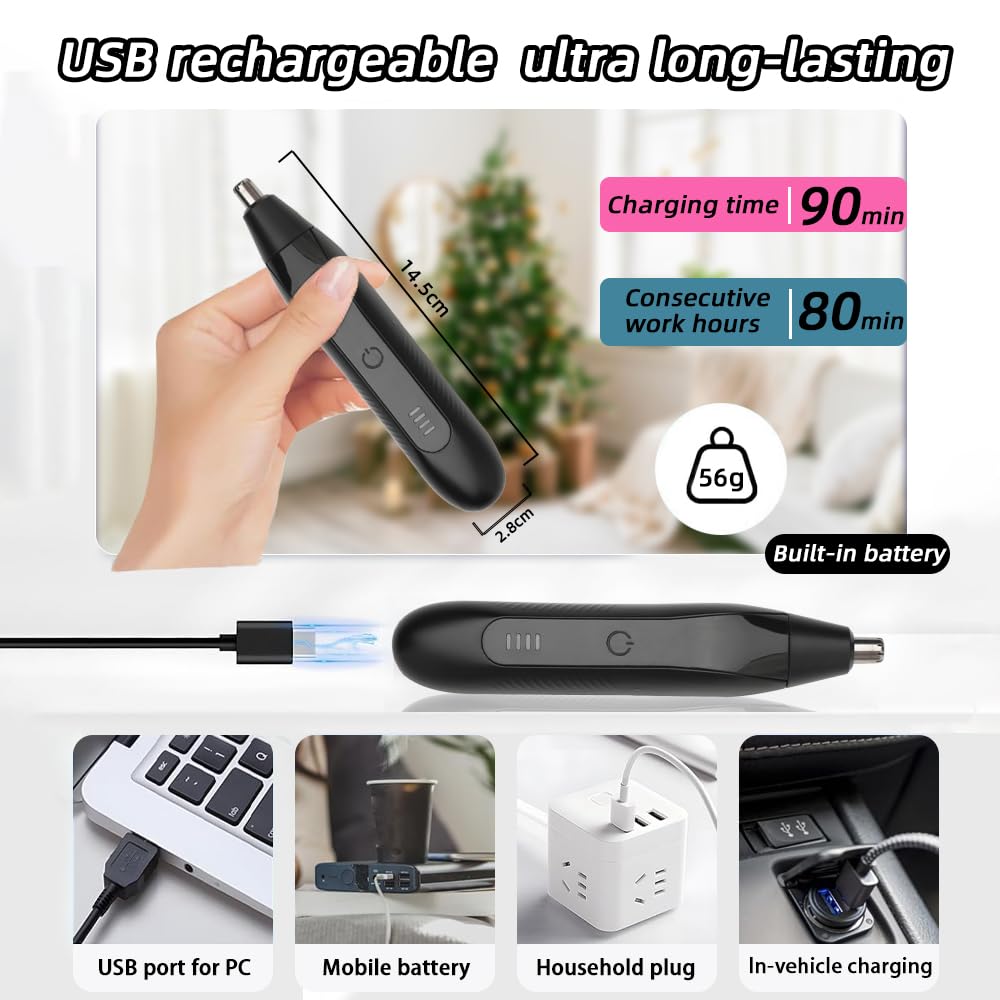 FREIOWEEI Rechargeable Nose and Ear Hair Trimmer for Men Women，2025 Professional Painless Eyebrow & Facial Hair Trimmer with Replaceable Stainless Steel Dual Edge Blades, Black