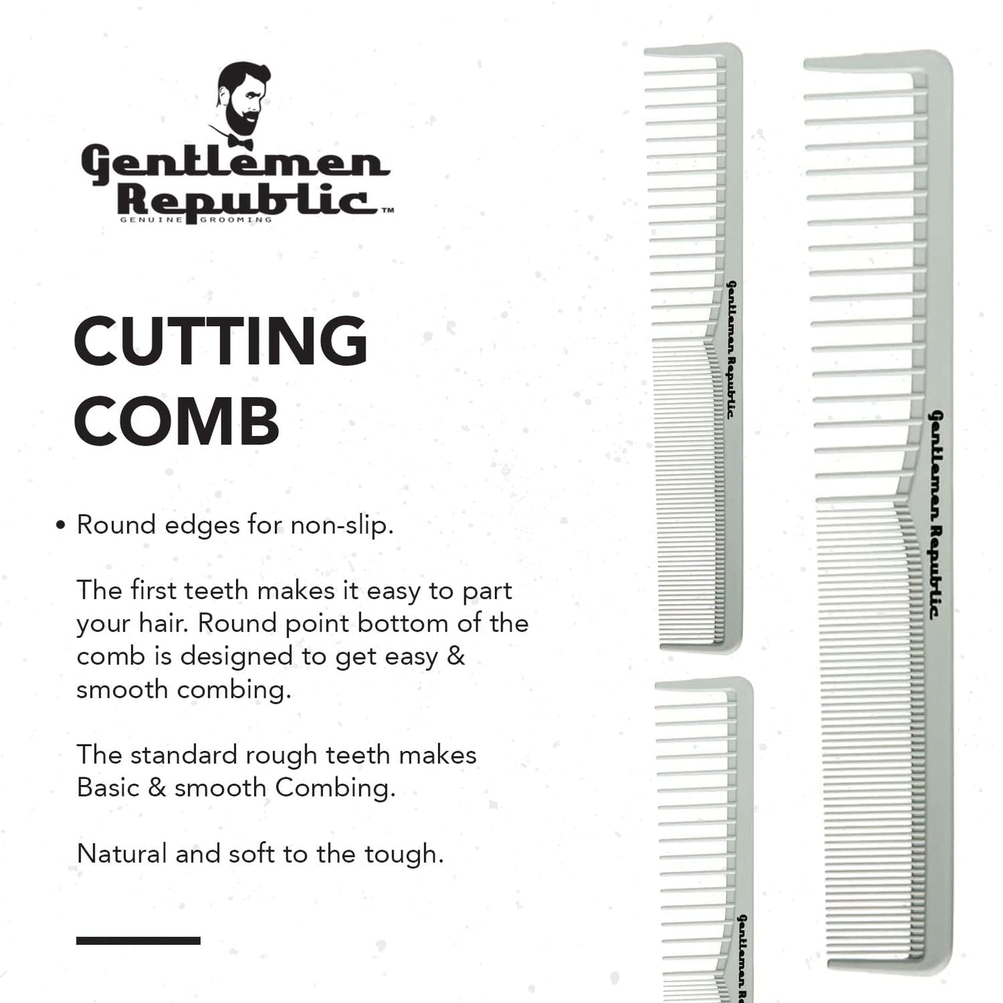 Gentlemen Republic Genuine Grooming Hair Comb for Fades and Men's Haircuts - Set of 3pcs, Soft Round Tips, Strong Teeth with Strong Body - Ideal for Barbers, at-home Grooming and Styling