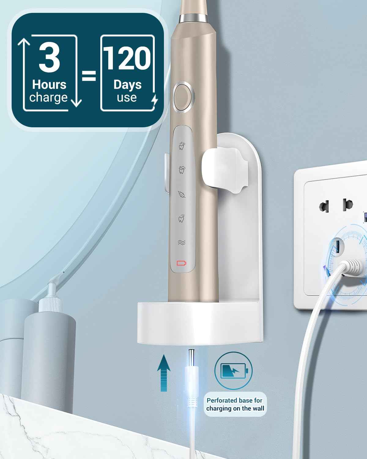 Rtauys M5 Sonic Electric Toothbrush for Adults - Rechargeable Electric Toothbrushes with 8 Brush Heads & Holder, Travel Case, Power Electric Toothbrush，3 Hours Charge for 120 Days - Champagne Gold