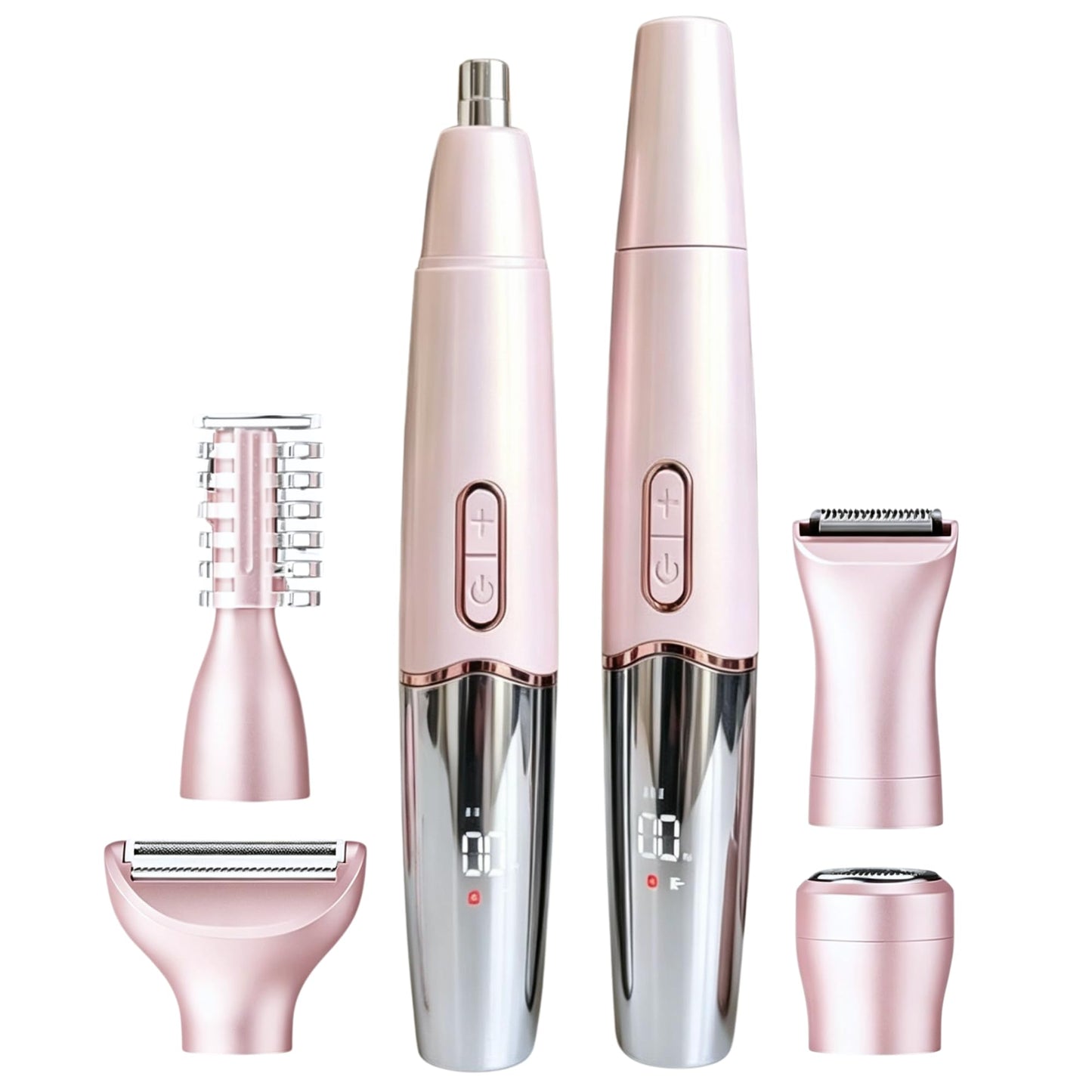 RFSCDI 5-in-1 Nose Hair Trimmer for Women, USB-C Rechargeable Painless Eyebrow & Facial Trimmer, IPX7 Waterproof Gift Set, LED Display with 5 Blade Heads, Sakura Pink