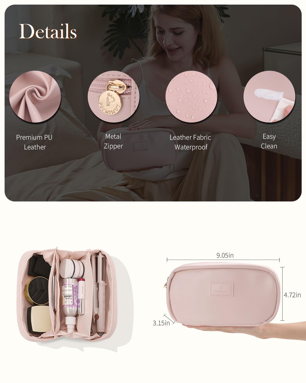 Pocmimut Makeup Bag,Open Flat Makeup Pouch Purse Car Accessories,Travel Essentials Organizer with Divider,Christmas Birthday Gifts for Mom and Lover,Pink
