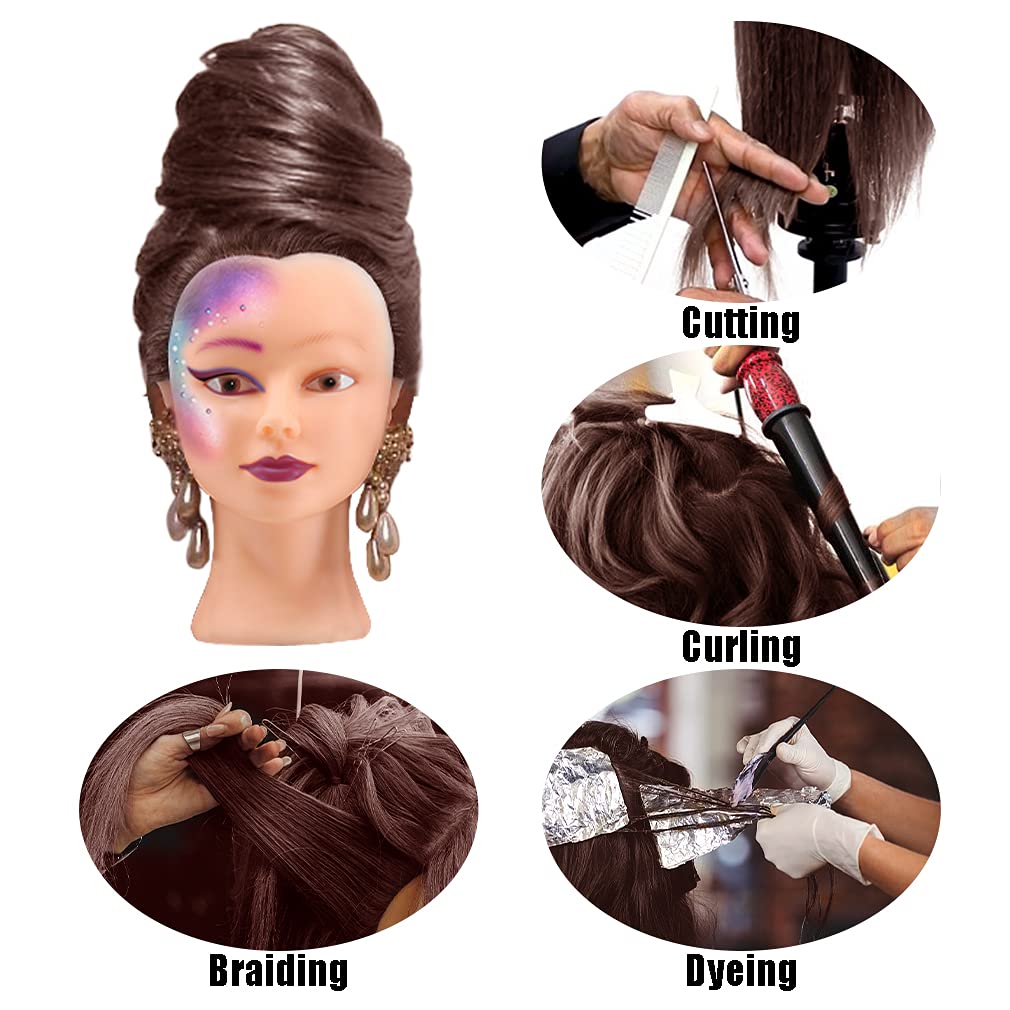 CZFY Cosmetology Mannequin Head with 100% Real Human Hair and Adjustable Stand 22-24” for Braiding Hair Styling Training Hairart Barber Hairdressing Fashion Salon Display