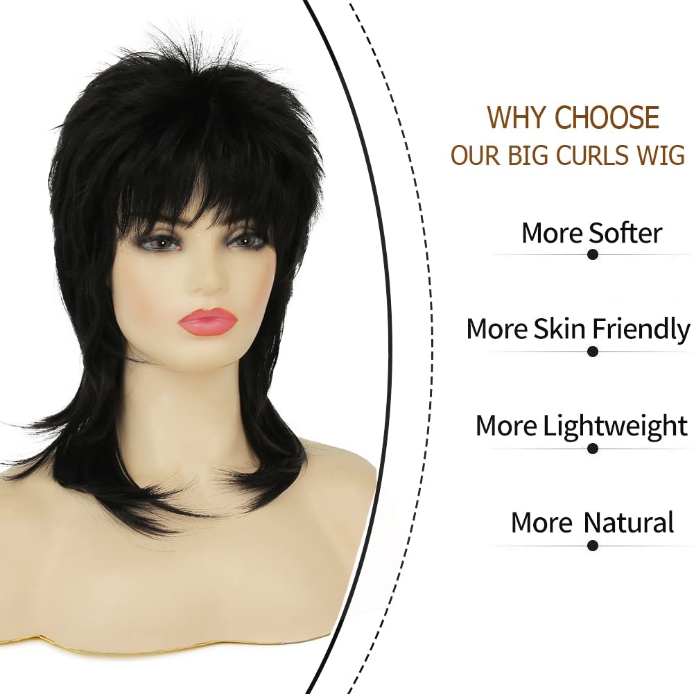 Amnenl Mullet Wig for Women Black Shoulder Length Shaggy Layered Wig Curly 80s Wigs Heat Resistant Cosplay Daily Hair Wigs (Black)