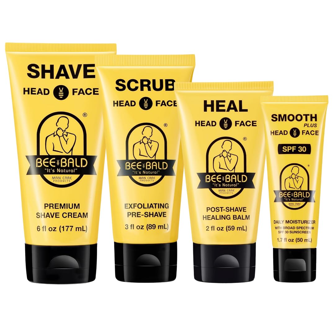 Bee Bald 4-Pack | Premium Shave Cream, Post-Shave Balm & SPF Moisturizer Set - Perfect for Smooth Skin