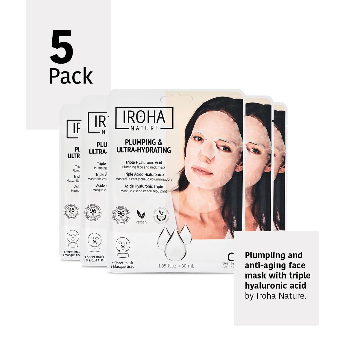 IROHA NATURE Replumping & Anti-Aging Tissue Face Mask (Pack of 5) | With Triple Hyaluronic Acid | Deep Hydration & Anti-Aging Effect | For Softer Skin | 100% Vegan