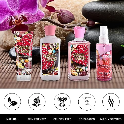 Cotton Candy Bath and Body Gift Set - 4-Piece Travel Kit with Body Lotion, Shower Gel, Body Cream & Fragrance Mist (3 Fl Oz) - Natural Extracts, Personal Self Care Kit for Women/Men