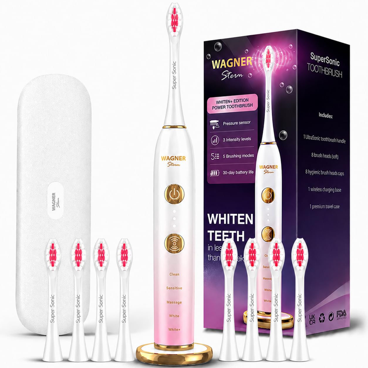 Wagner Stern WHITEN+ Electric Toothbrush, 48,000 VPM, Pressure Sensor, 5 Modes, 8 Brush Heads, Travel Case
