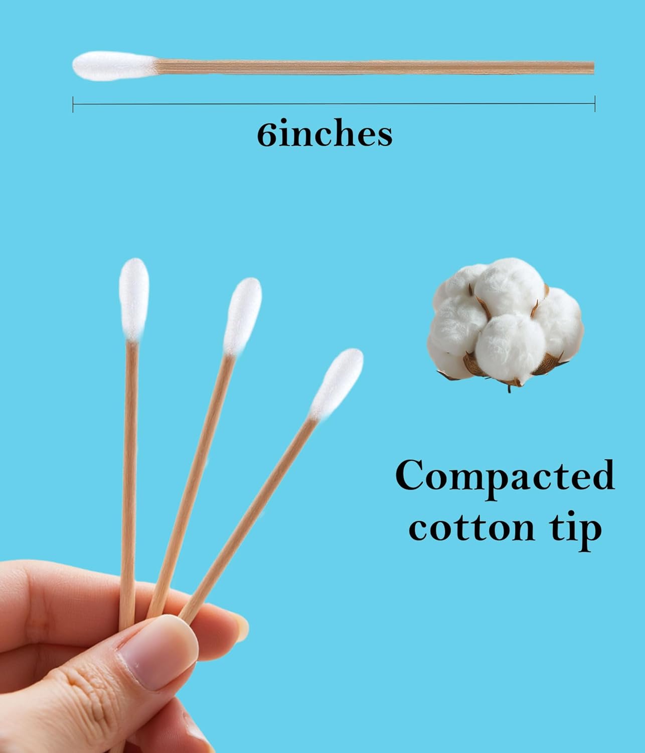6-Inch Wooden Sterile Cotton Swabs - Individually Wrapped for Home Health & Beauty Care - Ideal for Ear Cleaning, Makeup, Jewelry & Piercing Aftercare (6 Inch Long, Count, 400)