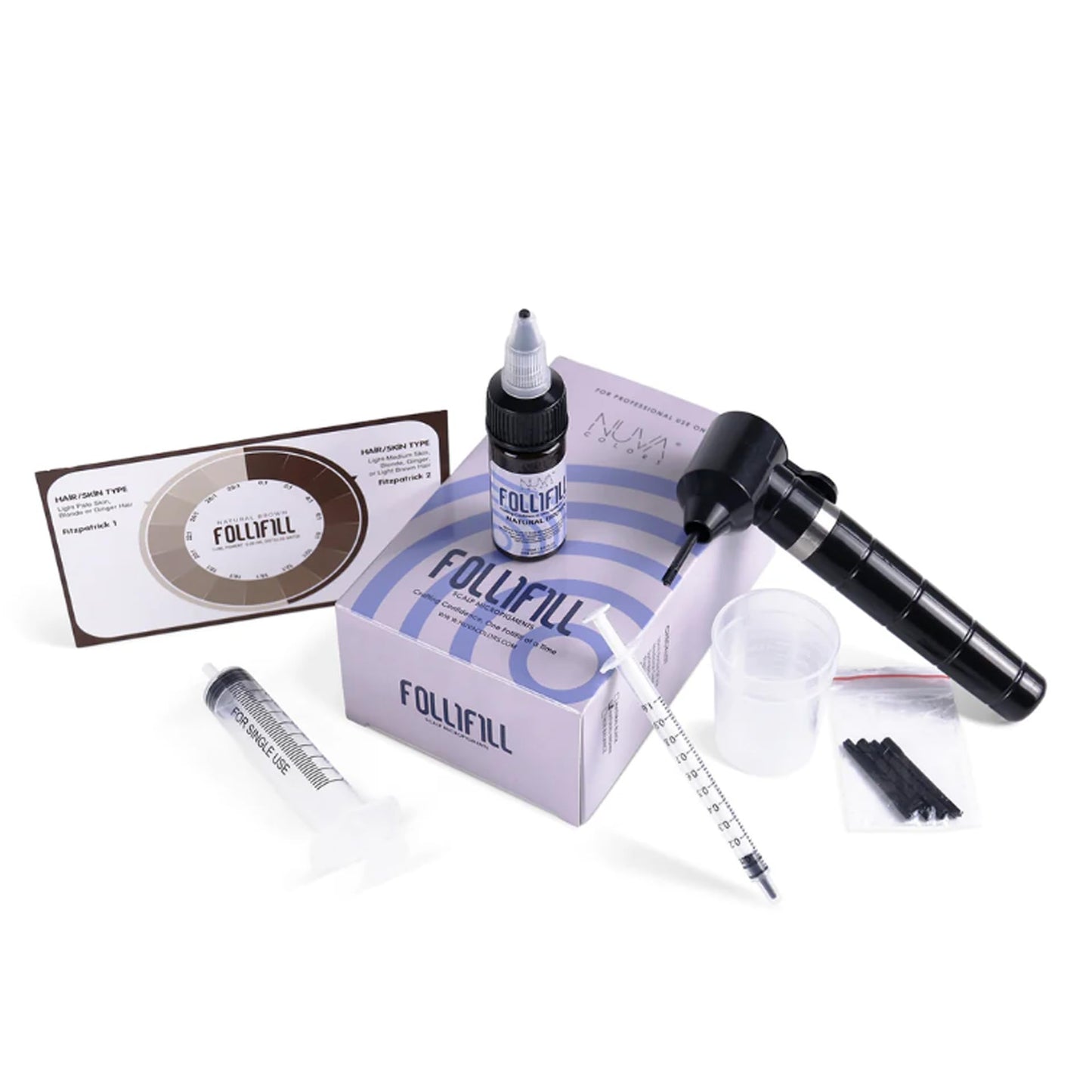 Nuva Follifill SMP Pigment & Cartridge Needle Kit – Deepest Scalp Micropigmentation Ink with Superior Retention, 15ml Bottle for 50+ Treatments, 20 Sterilized Needles, Mixer, Brown