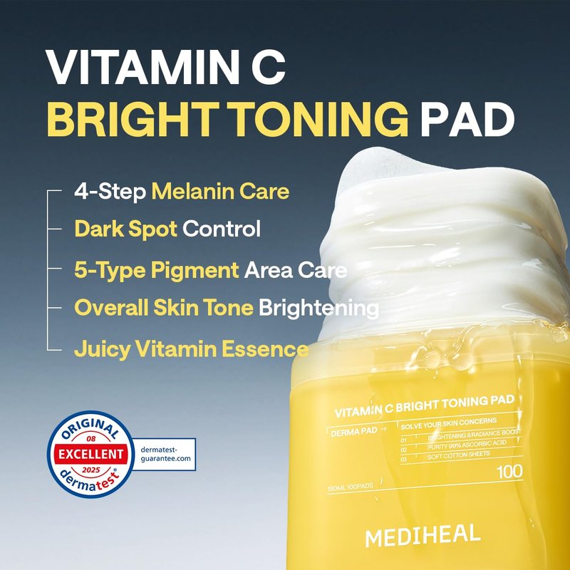 MEDIHEAL Toner Pads 100 Count - Vitamin C Skin Toning - Radiance Booster for Clear & Illuminating Skin - Contains Niacinamide for Blemish Care - Vegan Stretchable Fabric Pads, Korean Skin Care