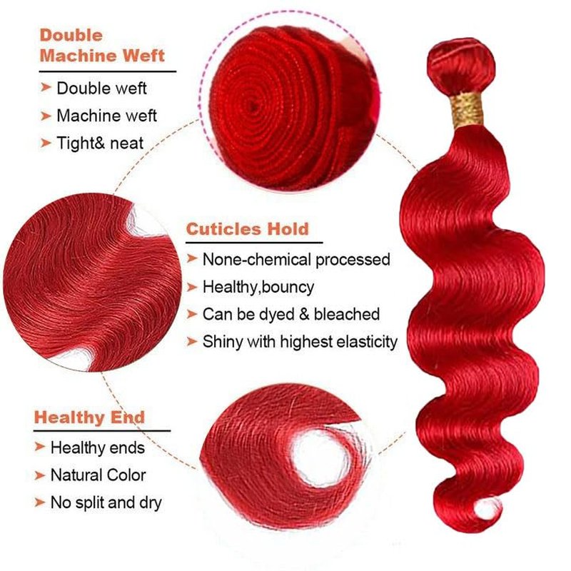 Bright Red Body Wave Hair Bundles - 32 Inch Unprocessed Virgin Human Hair Extensions | Soft Burgundy Color