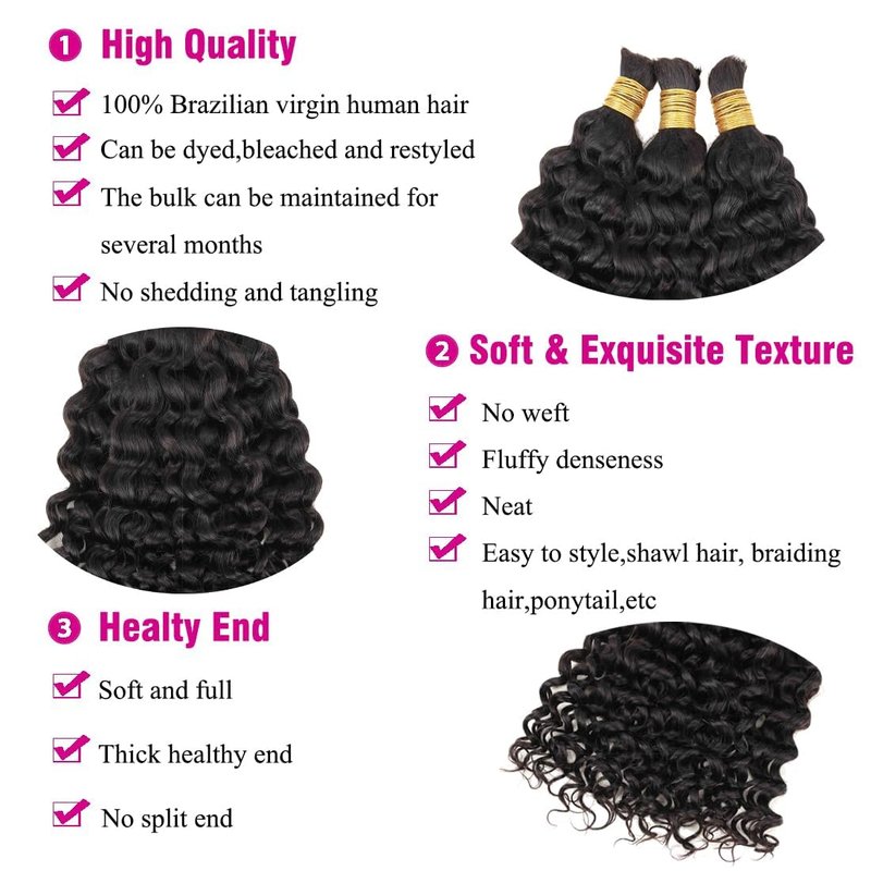 Human Braiding Hair for Boho Braids 12A 18inch Water Wave Bulk Human Hair Extensions for Braiding No Weft Brazilian Virgin Curly Deep Wave Loose Deep Wave Bulk Wet and Wavy 1 Bundle 100g Natural Black