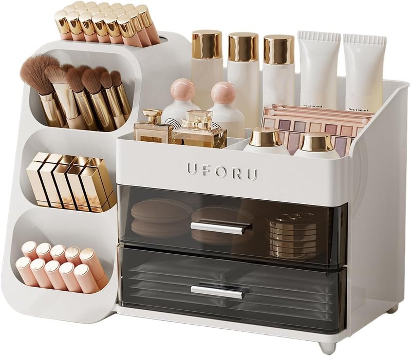 Reflygen Drawer Cosmetic Organiser, Large Capacity Dresser Organiser For Bathroom And Bedroom Countertop Cosmetic Storage, Makeup Tools, Skincare Products, Lipstick Storage Display(milky white)