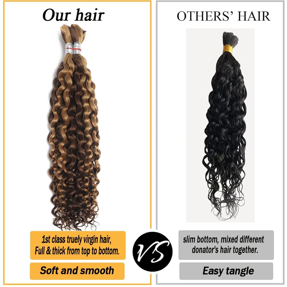 Human Braiding Hair for Boho Knotless Braids Bulk Curly Bundles Human Hair for Micro Braiding Wet and Wavy Water Wave No Weft Human Hair Extension for Box Boho Braids with 4/27# 18inch