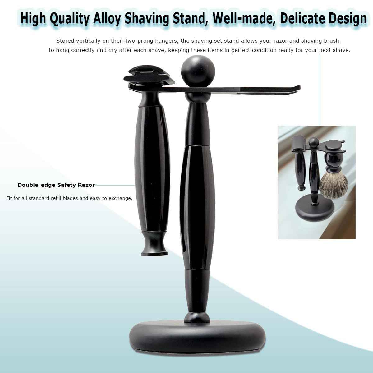 Danweix Black Wet Shaving Kit for Men, 3 in 1 Set with Badger Hair Brush, Double Edge Safety Razor, Alloy Stand Holder